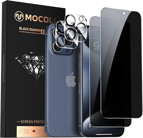 MOCOLL iPhone 15 Pro Max Privacy Screen Protector 2+2 Packs, 6.7'' Tempered Glass, Anti-Scratch, 10X Hardness.
