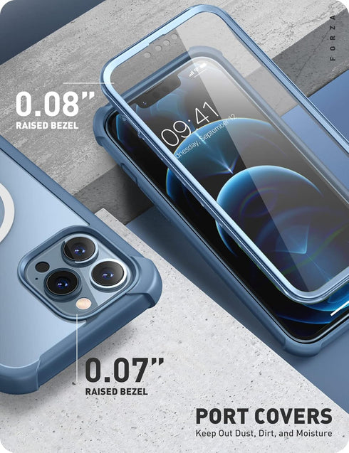 Clayco Magnetic Case for iPhone 13 Pro, Built-in Screen Protector, Dual Layer Rugged Cover (Forza, Azure)