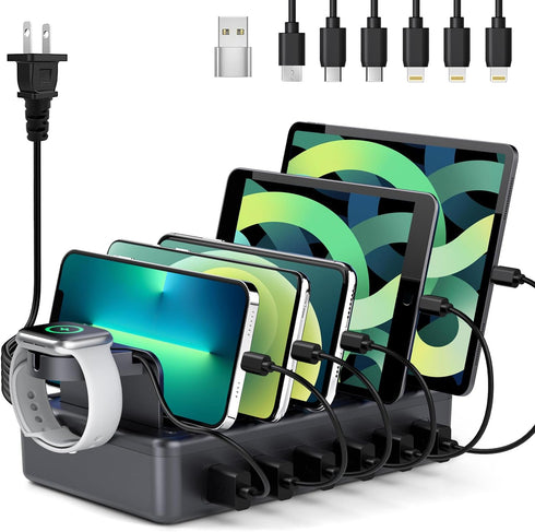 6 in 1 Charging Station for Multiple Devices, 50W Dock with Mixed Charging Cables for Cellphone, Tablet, iPhone, iPad