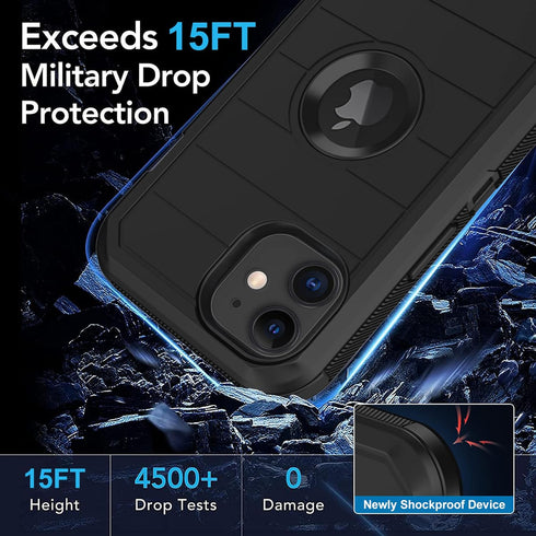 Heavy Duty Case for iPhone 11, Built-in Screen Protector, Full Body Rugged Shockproof Dust Proof Cover, Black-B