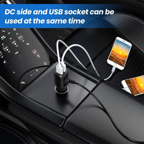 12V Car Charger with 5V Dual USB Ports and 5 Connectors for Radar Detector, Portable Air Pump, 6.6ft Cable