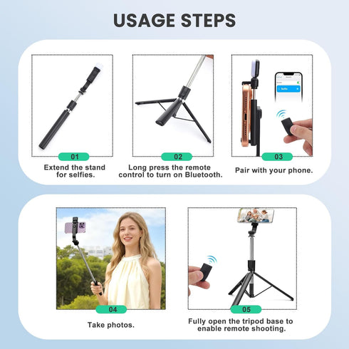 Treayes 67Inch Extendable Phone Selfie Stick with Wireless Remote, Tripod Stand and Fill Light, Portable