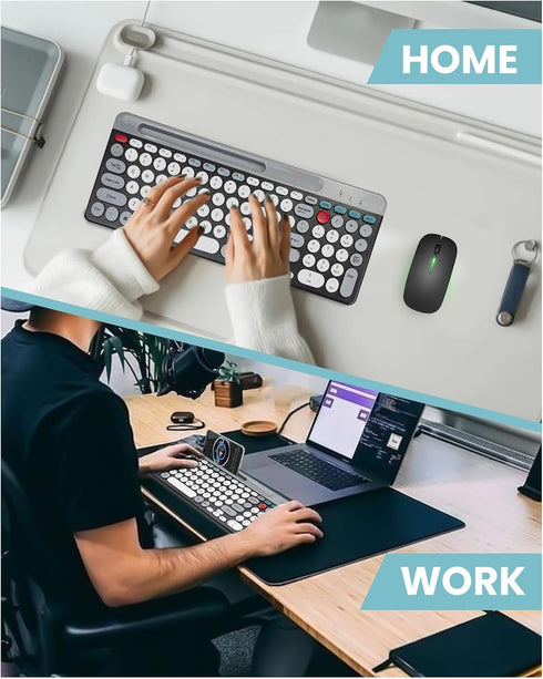 Keyboard Mouse Set, Dual Mode Bluetooth Combo with Vintage Round Keycaps for Gaming
