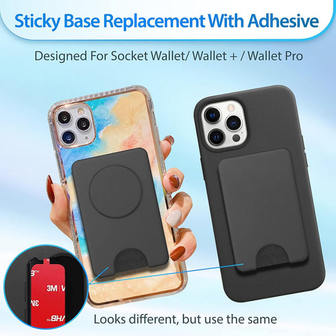 Adhesive Base for Pops Wallet, 2pcs Detachable Sticky Back Replacement Compatible with Socket Wallet Plus, Black