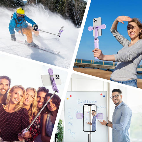 MQOUNY Mini iPhone Tripod Stand, 38" Selfie Stick with Wireless Remote & Removable Light, 360° Rotation (Purple)