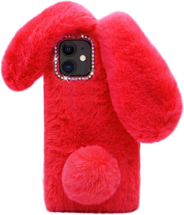 Omorro Plush Rabbit Case for iPhone 11, Soft Warm Fluffy Furry Bunny Ear Fur Phone Case with Bling Crystal Rhinestone