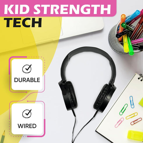 Wired On-Ear Leather Headphones, 3.5mm Connector, Round Metal Housing, Bulk Wholesale, Black Color, 5 Pack