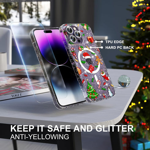 Choiche iPhone 14 Pro Magnetic Case - Glitter Christmas Tree, Clear Bling, with 3x Diamond Lens & 2x Tempered Glass