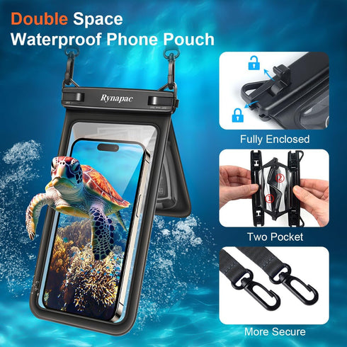 Double Space Waterproof Phone Pouch, 2 Pack with Lanyard for iPhone 15 Pro Max Galaxy S23 Pixel 7a up to 8.5’’,