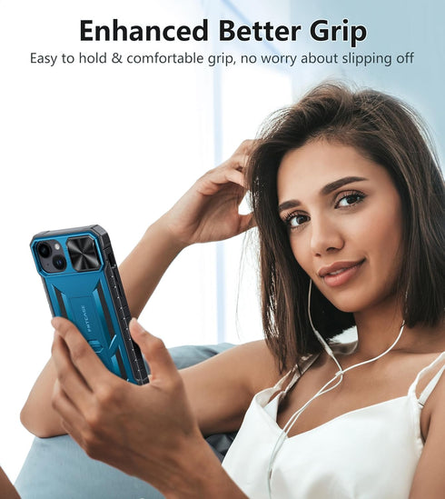 FNTCASE iPhone 15 Plus Case: Rugged Heavy Duty Shockproof Cover with Kickstand | Military Grade Drop Proof Blue TPU