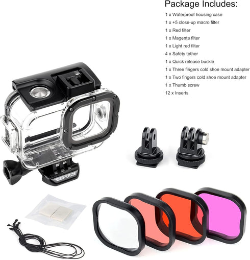 Waterproof Dive Case with Filters for GoPro Hero 9 10 11 12 Black, 60m Underwater Housing with Red, Snorkel, Magenta
