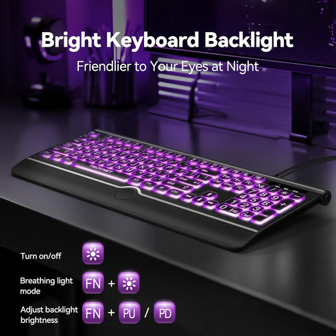 TECKNET 7-Color Large Print Backlit Keyboard, Wired USB-A Computer Keyboard with Wrist Rest, Backlit, Oversized Letter
