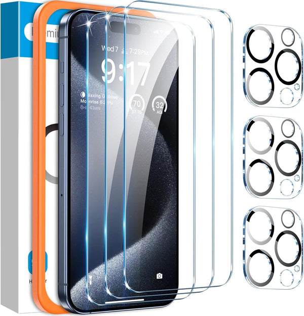 Fotbor iPhone 15 Pro Max Screen Protector & Camera Lens Protector, 3+3 Pack, HD Clear, Tempered Glass, Easy Install.