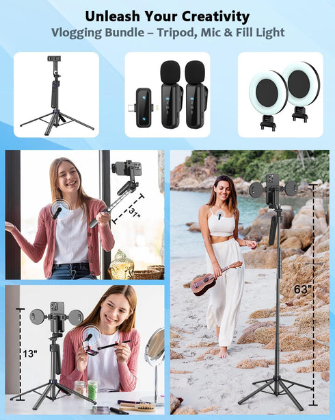 Yeaki 63Auto Vlogging Kit for iPhone/Android, Face Tracking Tripod for iPhone with Light, Wireless Microphones