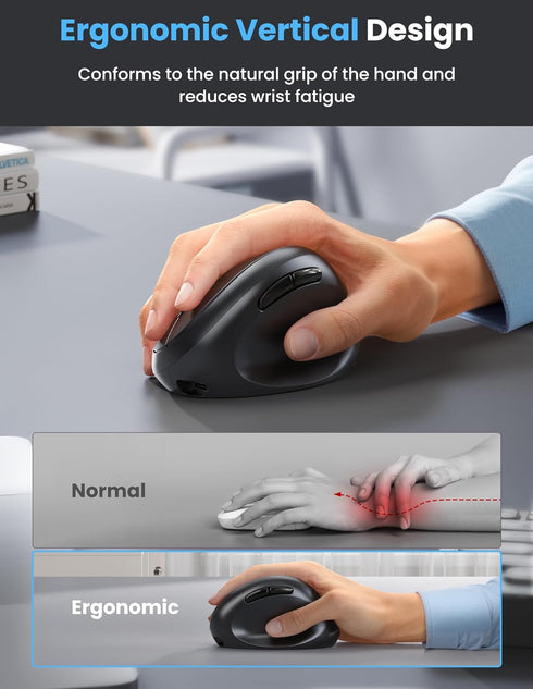TECKNET 4800 BT5.0/3.0 2.4G Ergonomic Mouse, Bluetooth Wireless Vertical Mouse, Rechargeable Battery, Quiet Clicks, DPI
