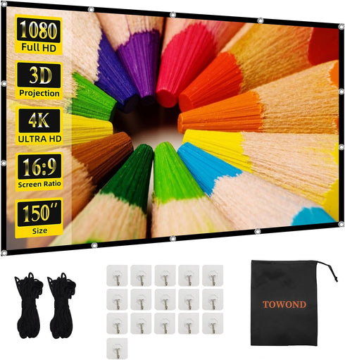 TOWOND Projector Screen 150 inch Projection Screen Indoor Outdoor Washable Anti-Crease 16:9 HD