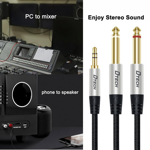 DTECH 5ft Audio Stereo Cable TRS 1/8 to Dual Quarter Inch TS 6.35mm Y Splitter, 3.5mm to 1/4 Adapter, Guitar AMP Aux