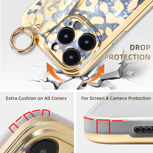 Cheetah Print Ultra Slim IMD Shockproof Wrist Band Kickstand Cover Case for iPhone 13 Pro 6.1-inch (Leopard Skin