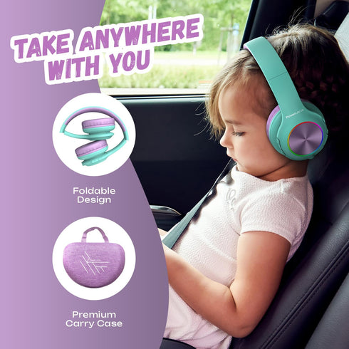 PowerLocus PLED Kids Bluetooth Headphones, Wireless with LED Lights, Safe Volume, Micro SD, AUX Cable, Hi-Fi Stereo