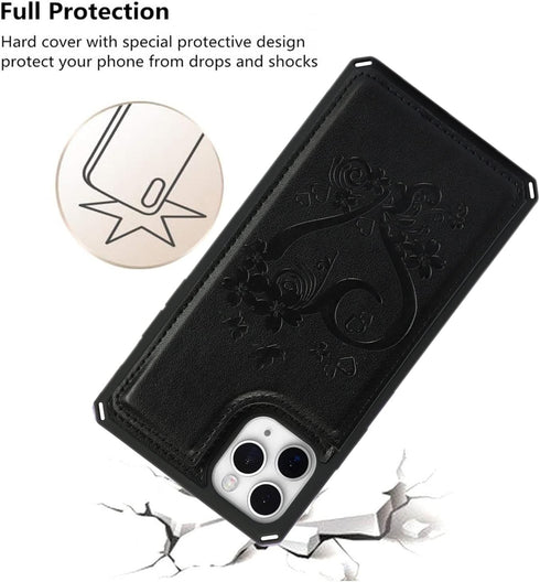 iCoverCase Wallet Phone Case for iPhone 11 Pro Max, RFID Blocking Card Holder, Embossed PU Leather with Wrist Strap