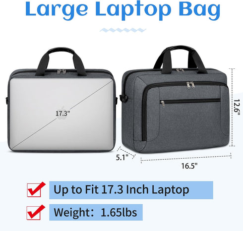 Laptop Bag for 17.3 Inch Laptop, Large Waterproof Briefcase for Men Women, Business Office Work Computer Bag, Grey
