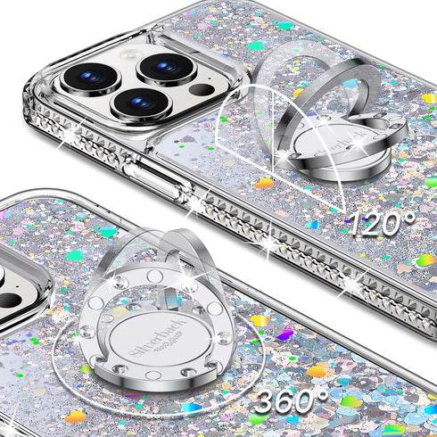 Silverback iPhone 12 Pro Max Case, Moving Liquid Holographic Glitter with Kickstand, Clear Silver