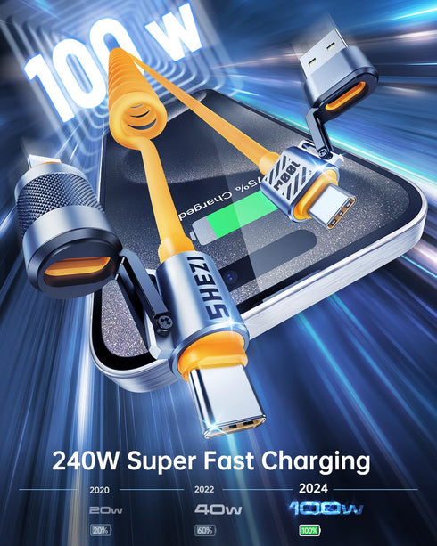 4-in-1 5ft Coiled USB C Cable for Car, 100W Fast Charging, USB C to L Cable with Multi Ports for iPhone iPad