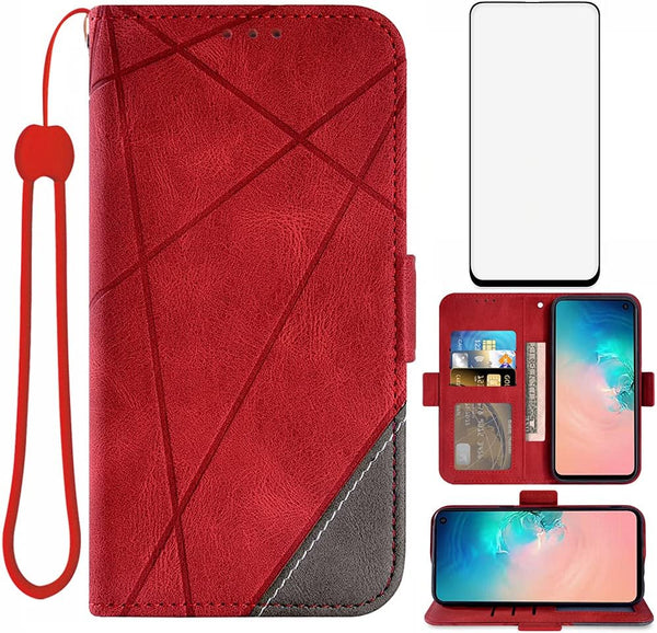 Asuwish Compatible with Samsung Galaxy S10e Wallet Case and Tempered Glass Screen Protector, Red