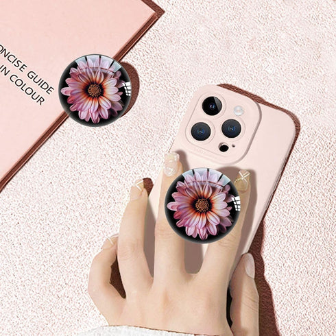 Translucent Clear Phone Grip with Expanding Kickstand, Pink Daisy Flower Design for Smartphones