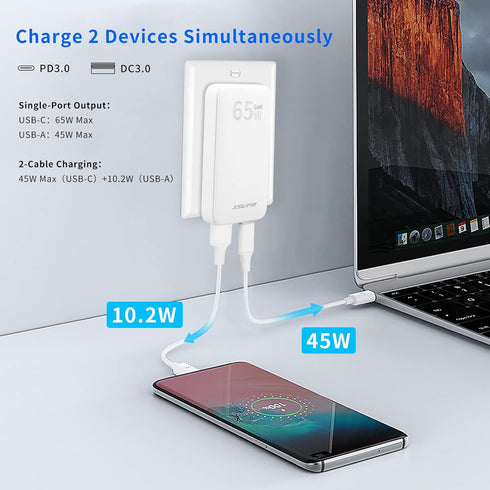 Flat USB C Wall Charger, 65W GaN Ultra Slim Dual Port Charger, Folding Travel Charger for Laptops, White