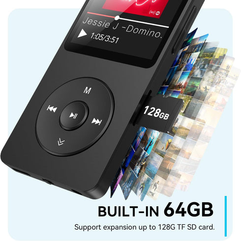 AGPTEK A02 MP3 5.3, 1.8 inch 128GB(Black, 64GB) Player with Bluetooth Screen Portable Music Player with Speaker, FM