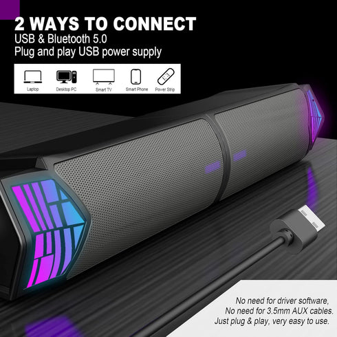 Smalody Computer Speakers for Desktop Gaming Monitor, RGB Lights, 2 in-1 Bluetooth Soundbar, USB Powered