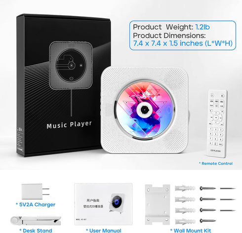 Wall CD Player with Speakers, ROADOM Bluetooth CD Player for Home, Hi-Fi Stereo Sound, Remote Control, White