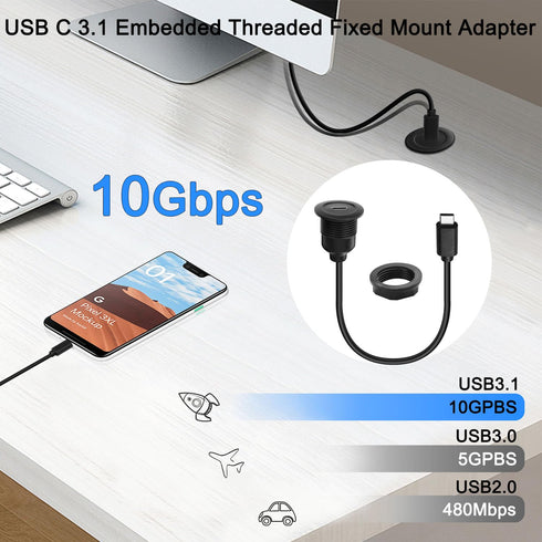 QIANRENON 10Gbps USB C 3.1 Fixed Mount Connector Short Cable PD 60W USB Type C Male to Female Adapter