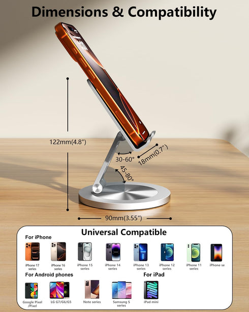 YCNEW 360 4-8" Phone Stand for Desk, Rotating Dual Adjustable Foldable Holder, Heavy Solid All-Aluminum Base Anti-Slip