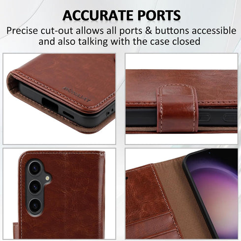 MONASAY Flip Folio Wallet Case for Samsung Galaxy S24+ Plus 5G, 6.7", Brown, with RFID Blocking & Lens/Glass Protector.