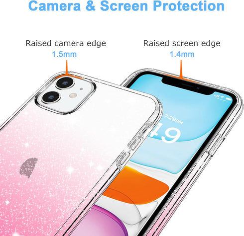 JJGoo iPhone 11 Case, Pink Gradient Clear Glitter Sparkle Shock Absorption Protective Slim Thin Cover