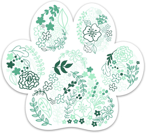 (3PCs) Flower Dog Paw Sticker, Green Floral Waterproof Vinyl Decals for Laptop, Water Bottle, and Scrapbook