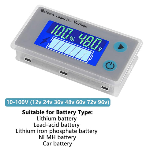 10-100V Battery Monitor LCD, 12V 24V 36V 48V Digital Capacity Voltmeter Tester with Cable