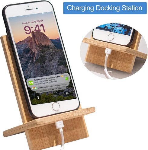 Bamboo Phone Stand Holder Adjustable Folding Phone Stand with Chargeable Hole for Desk