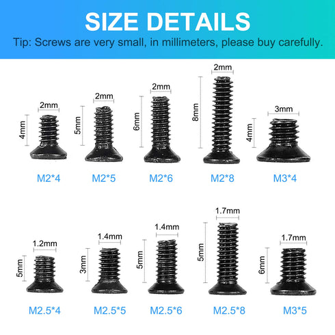 500pcs M2 M2.5 M3 Laptop Notebook Computer Replacement Screws Kit, PC Flat Head Phillips Assortments