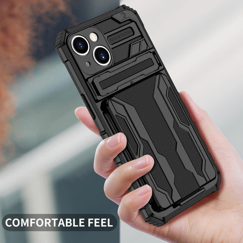 iPhone 15 Black Case: Shockproof Wallet Cover with Card Holder, Kickstand & Screen Protectors for 6.1" Model.