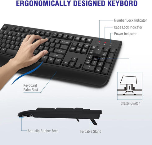 Wireless Keyboard, 2.4G Full-Sized Ergonomic Computer Keyboard with Wrist Rest for Windows, Mac OS, Laptop/PC/Desktop