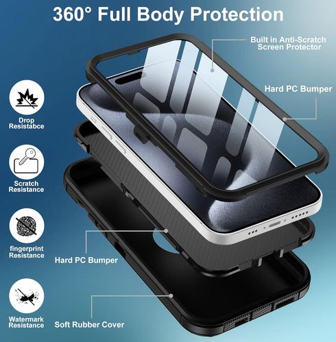 iPhone 15 Pro Case - Heavy Duty, Full Body Rugged, Built-in Screen Protector, Shockproof, Dustproof, Black, 6.1”