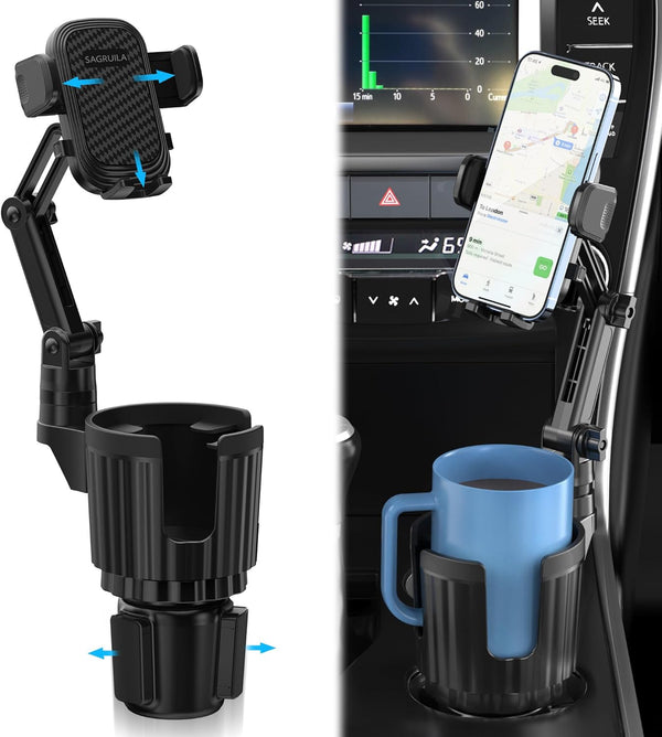 Cup Holder Phone Mount for Car, 2 in 1 Expandable Base, 360 Degree Rotating Neck, Fits 4-7” Smartphones