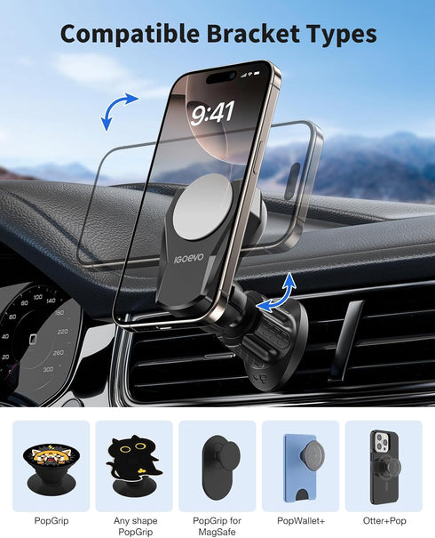 iGoevo 360 Socket Grip Vent Phone Mount Dual Hook Secure Air Vent Holder, Rotation U-Shaped Cradle Compatible