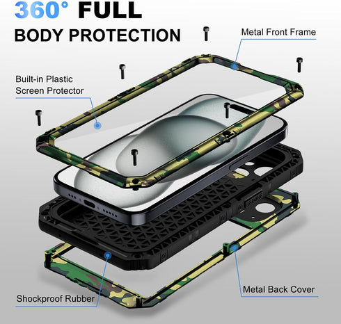 Beasyjoy Waterproof Case for iPhone 15 Plus - Metal Heavy Duty Full Body Protective Case with Screen Protector