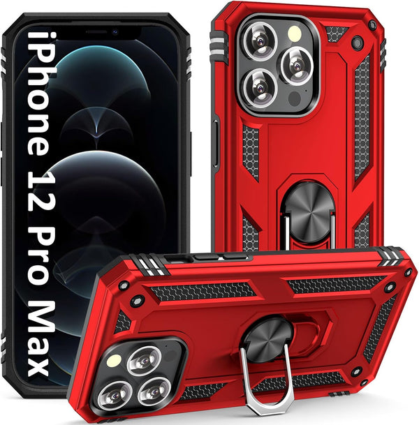 ADDIT Heavy Duty Phone Case for iPhone 12 Pro Max, with Kickstand Ring, Shockproof, Anti-Fingerprint, Red