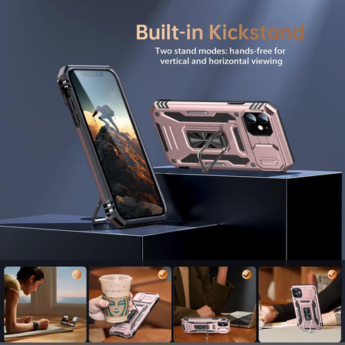 MERRO Military-Grade iPhone 11 Case with Screen Protector, Sliding Camera Cover, Magnetic Stand, 6.1" Rose Gold