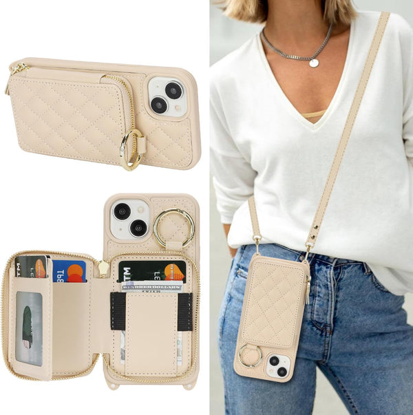 Hamany Crossbody Wallet Case for iPhone 15, PU Leather Zipper Handbag Purse Flip